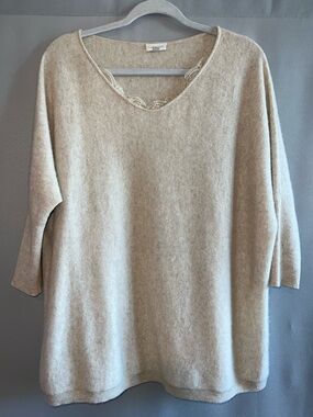 Garnet Hill 100% Cashmere Lace Trim Oversized V-Neck Sweater Beige XS